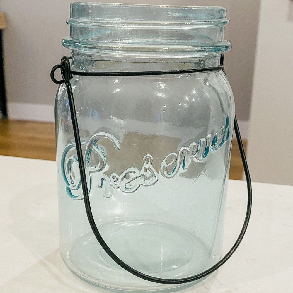 Vintage Aqua Blue Sea Glass Preserve Mason Jar with Metal Wire Handle, 6" Tall